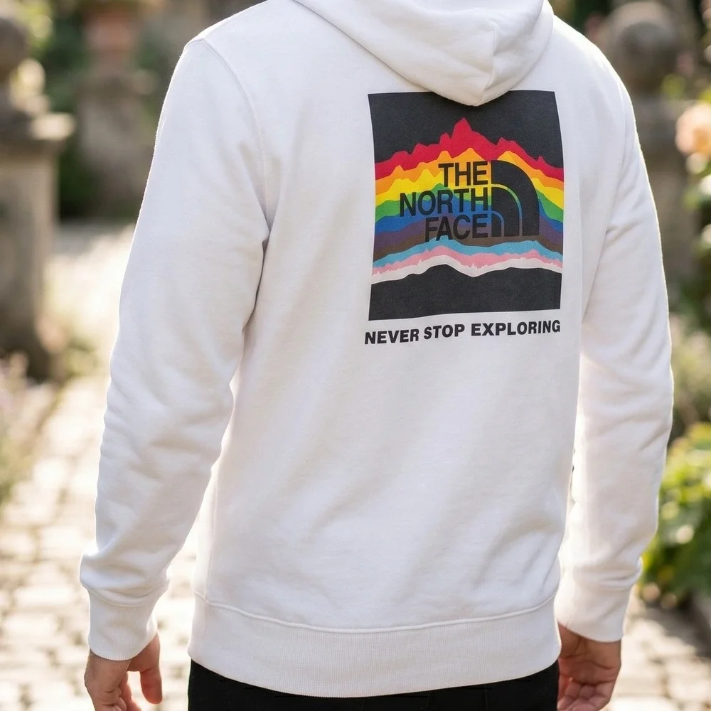 The North Face Mens White Rainbow Logo Hoodie Mountain Graphic Pullover L